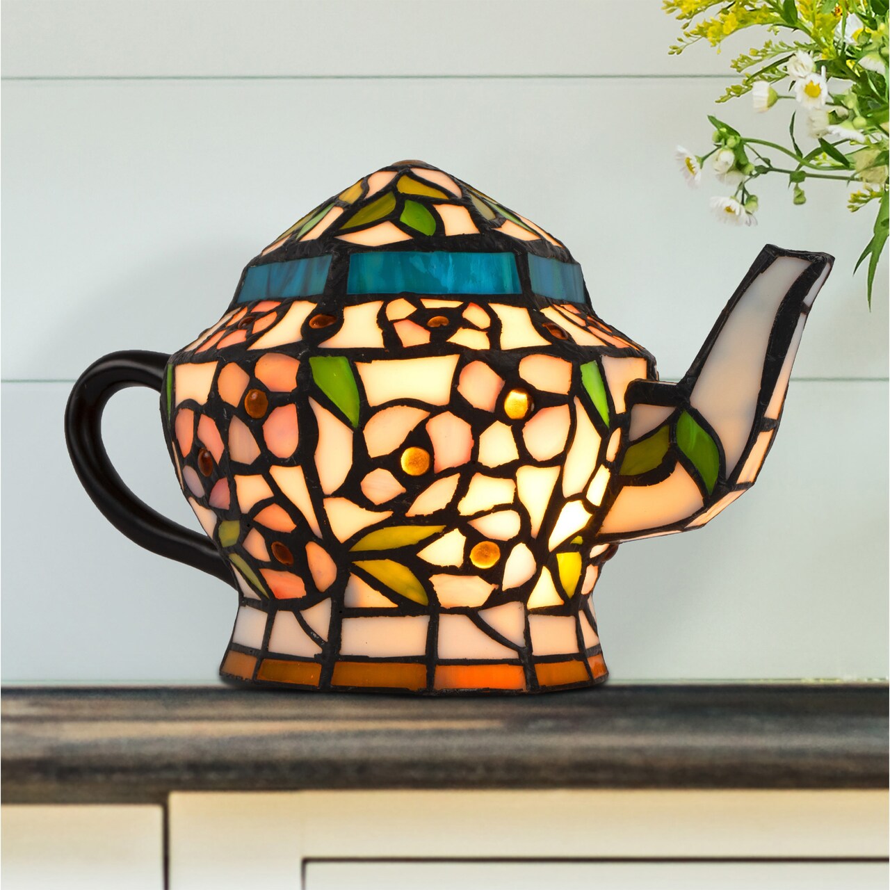 Tiffany Style Stained Glass Teapot Table Desk Lamp Led 10.5 Inch Indoor Lighting
